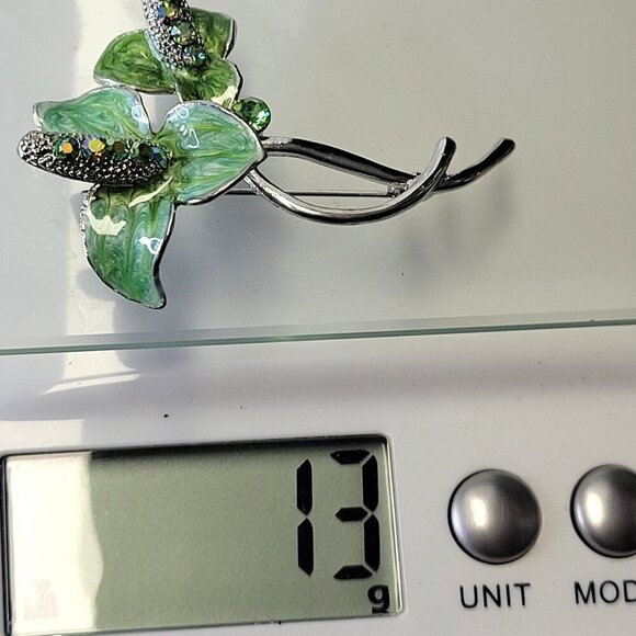 Vintage Rhinestone Floral Brooch Sparkling Green Leaves - Picture 11 of 12